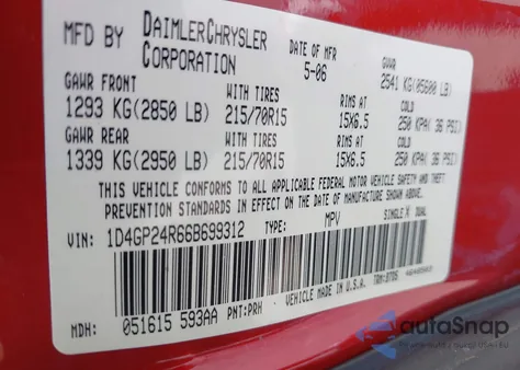 2006 Dodge Grand Caravan Se from USA, damaged, VIN 1D4GP24R66B699312